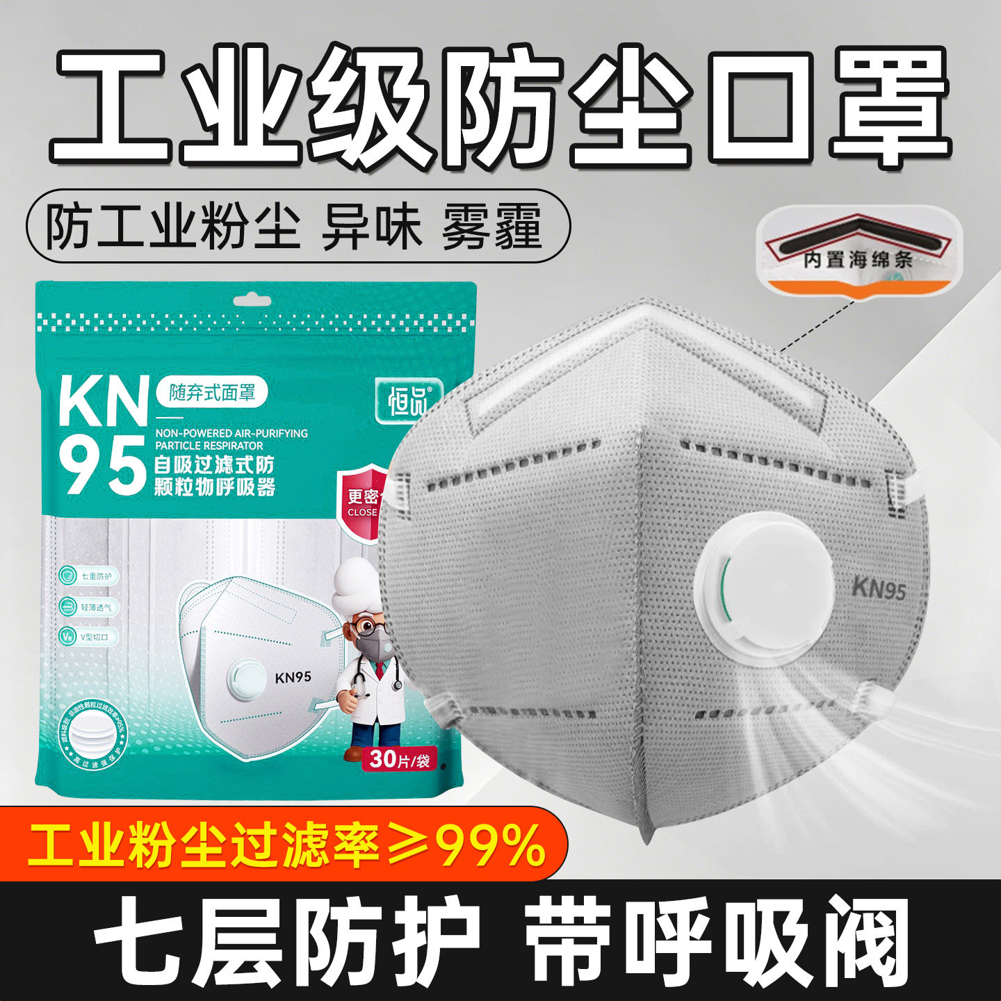 kn95活性炭防尘口罩防工业粉尘肺带呼吸阀防甲醛正品n95打磨专用