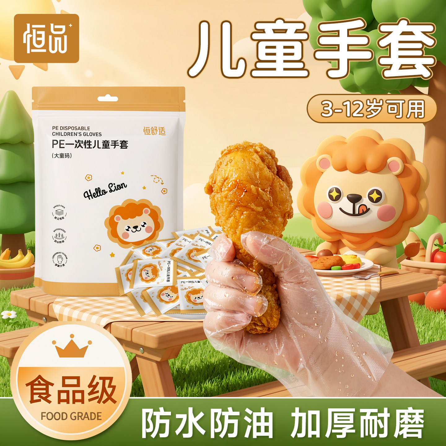 恒品儿童一次性手套食品级专用PE加厚耐磨宝宝小孩吃龙虾手工家用