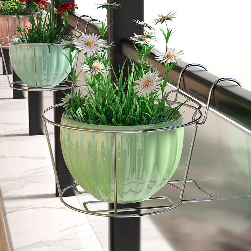不锈花盆架阳台栏杆挂架圆形花盆架壁挂花篮不锈钢花架花盆挂架无图片
