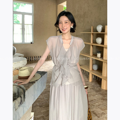 A松弛感抽褶荷叶领重磅人丝铜氨无袖套头上衣女夏19756