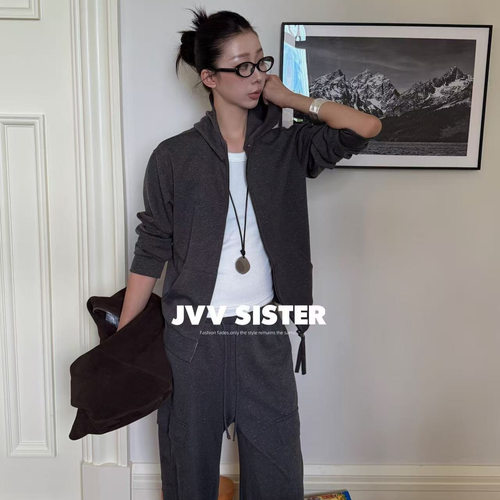 JVV十三行2026秋季新款连帽卫衣外套工装风休闲长裤套装女潮72869