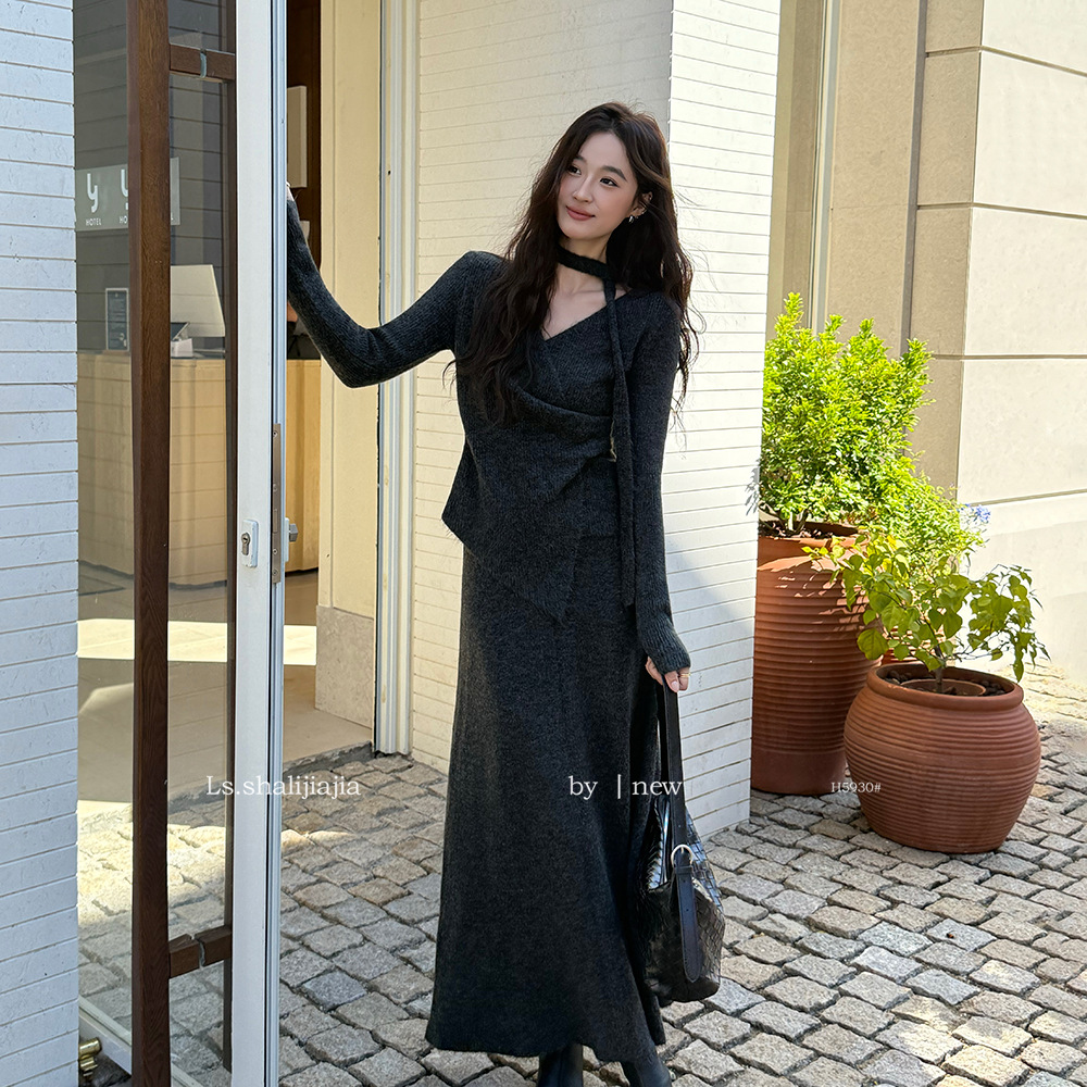 LS 优雅v领针织衫+半身裙套装 广州十三行2025秋冬新品女装H5930#