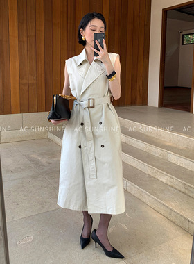 A春季新品经典有型风衣式马甲连衣裙女双排扣腰带收腰裙子19595