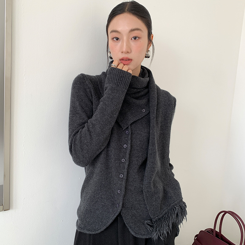 氛围感羊毛针织开衫女2025秋冬可拆卸围巾长袖毛衣58557