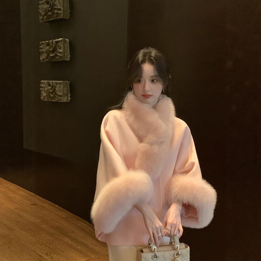 贵贵小斗篷双面羊绒大衣女2025秋冬小个子毛呢羊毛外套短款狐狸毛