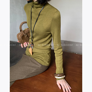 25秋冬新品丝光羊毛秋冬内搭堆堆领修身显瘦打底衫女上衣H19130