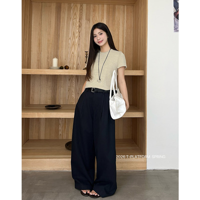 T-PLATFORM 早春新款宽松慵懒风褶皱设计垂坠感阔腿休闲裤女16061