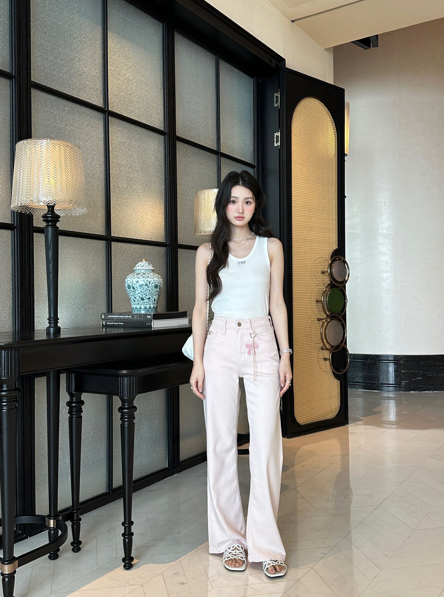 TF871春款上新樱花粉阔腿牛仔裤高腰阔腿显高腰间蝴蝶结甜美减龄