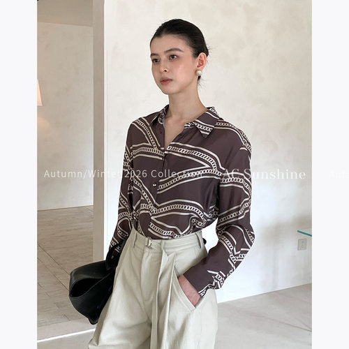 A柔金链影系珠光人丝定制印花百搭通勤衬衫女上衣20012