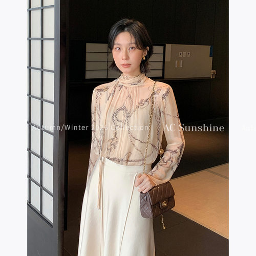 A人丝印花飘带立领水墨绳纹轻社交通勤衬衫上衣女19955