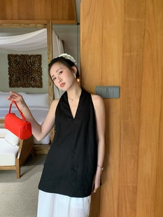 新度假风亚麻上衣女V领挂脖阔版 25夏季 天丝马甲背心休闲宽松慵懒