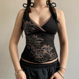 美式复古植物花卉印花吊带小背心女辣妹撞色性感古早感新款上衣潮