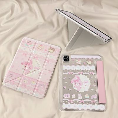粉色小兔ipad壳适用苹果iPad7/8/9代平板壳iPadA16亚克力保护套iPadpro11寸带笔槽3+Y折平板壳iPad11代保护套