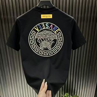 高级感潮牌短袖T恤男夏季修身圆领美杜莎刺绣百搭轻奢2026上衣衫