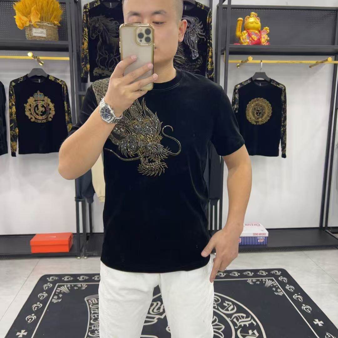 欧货潮牌秋冬新款男士短袖T恤黑色金丝绒烫钻龙图案时尚百搭上衣