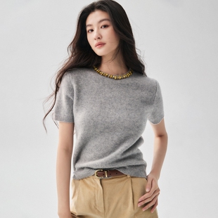 极简风山羊绒衫女短袖圆领镶钻钉珠针织衫轻奢显瘦半袖百搭打底衫