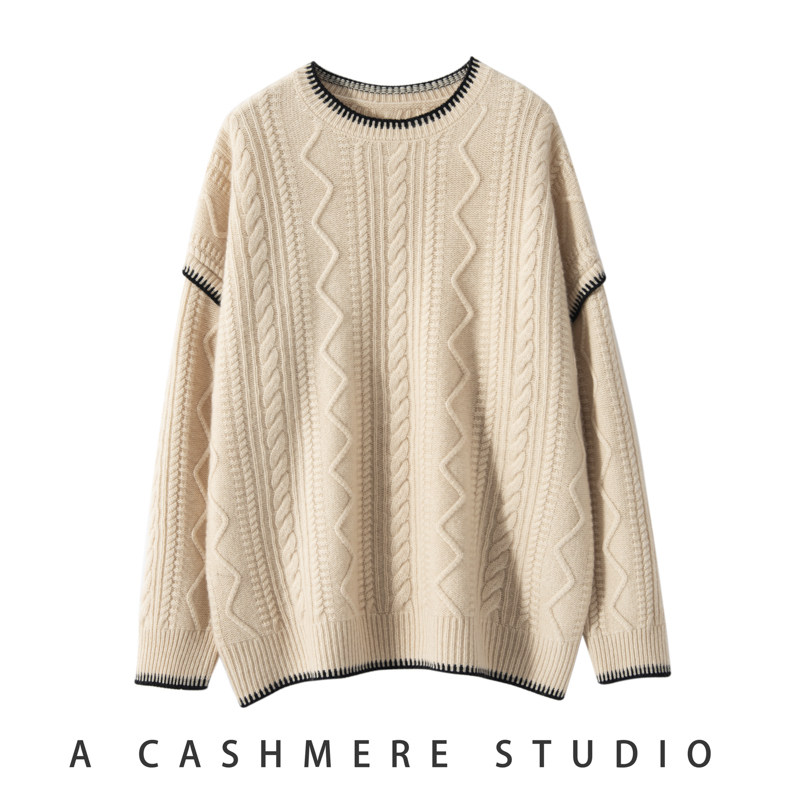 高级感韩版新款山羊绒衫女圆领加厚宽松慵懒风针织毛衣麻花打底衫