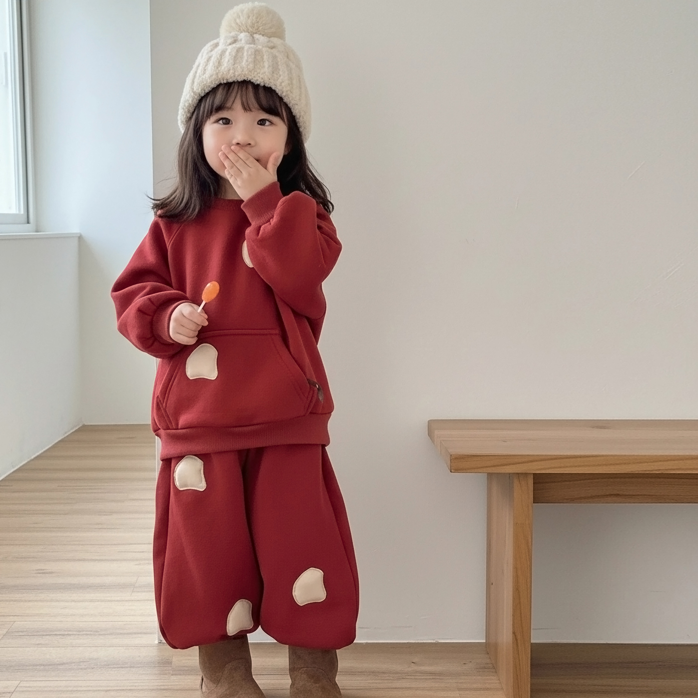 女童秋冬加绒卫衣套装红色运动服