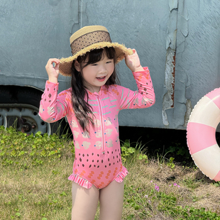 潮 连体游泳衣小女孩可爱沙滩温泉泳装 女童泳衣UPF50 防晒速干长袖