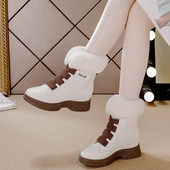 真皮雪地靴女兔毛休闲短靴显瘦内增高女鞋 中筒马丁靴秋冬新款 棉靴