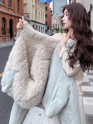 小个子棉服女款冬季2025新款小个子皮毛一体蓝色超好看冬装厚外套