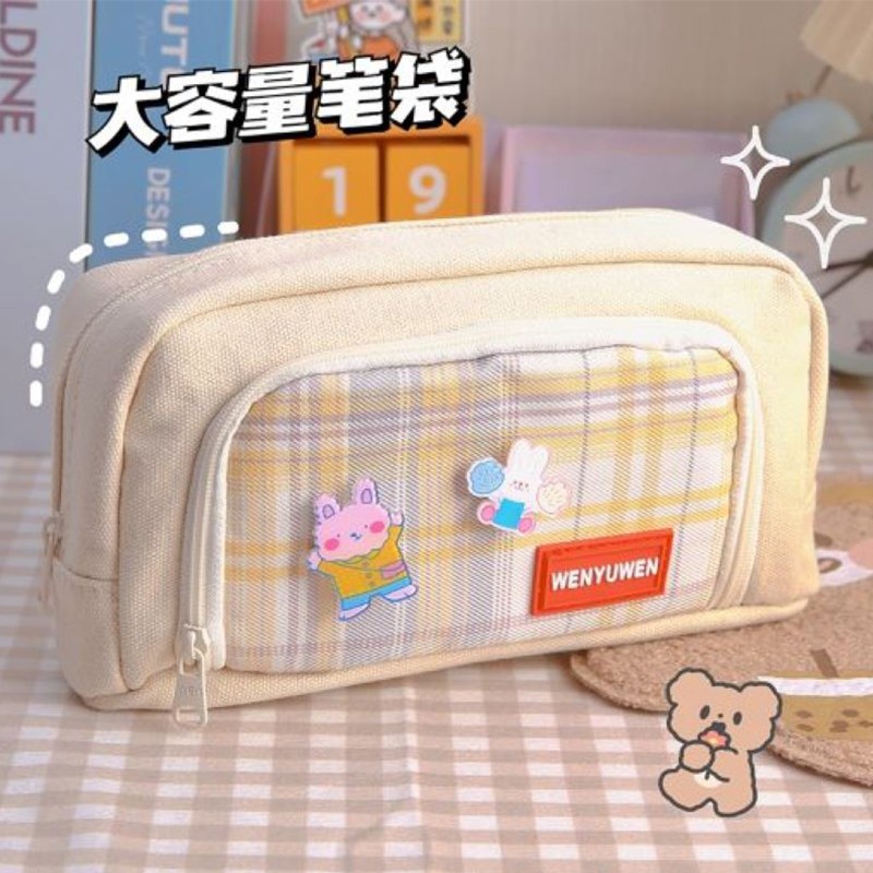 双拉链大开口拼接帆布笔袋