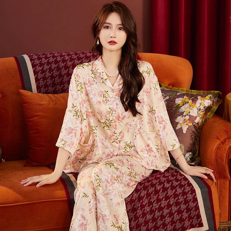 2026新款水仙花冰丝绸睡衣女款春秋季妈妈宽松家居服套装