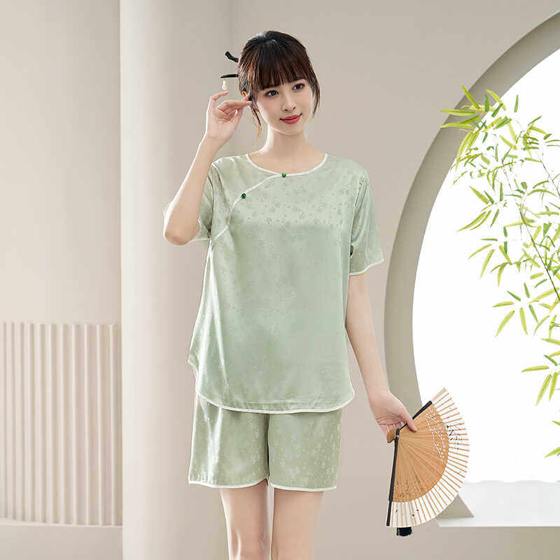 2026新款冰丝睡衣女款新中式夏季短袖短裤两件套妈妈套装