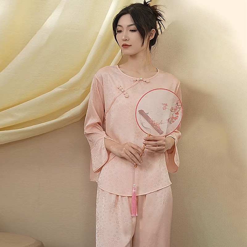2026新款春秋季冰丝睡衣女款新中式高级感长袖春季丝绸套装可外穿
