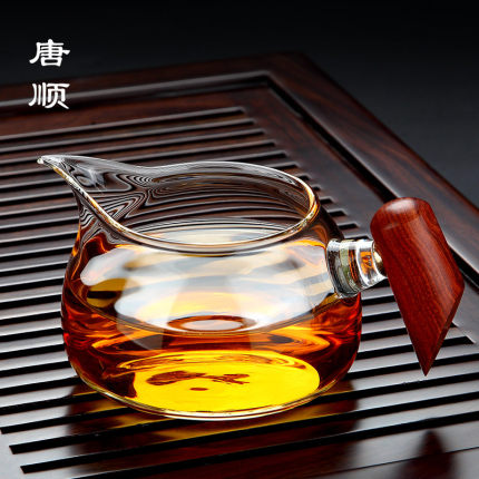 木把玻璃公道杯功夫茶具配件分茶器加厚耐热创意侧把公杯倒茶杯