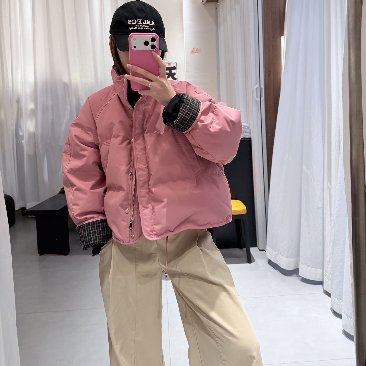 韩系立领拼接袖子羽绒服女冬季短款宽松保暖外套粉色面包服27985