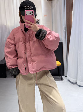 韩系立领拼接袖子羽绒服女冬季短款宽松保暖外套粉色面包服27985