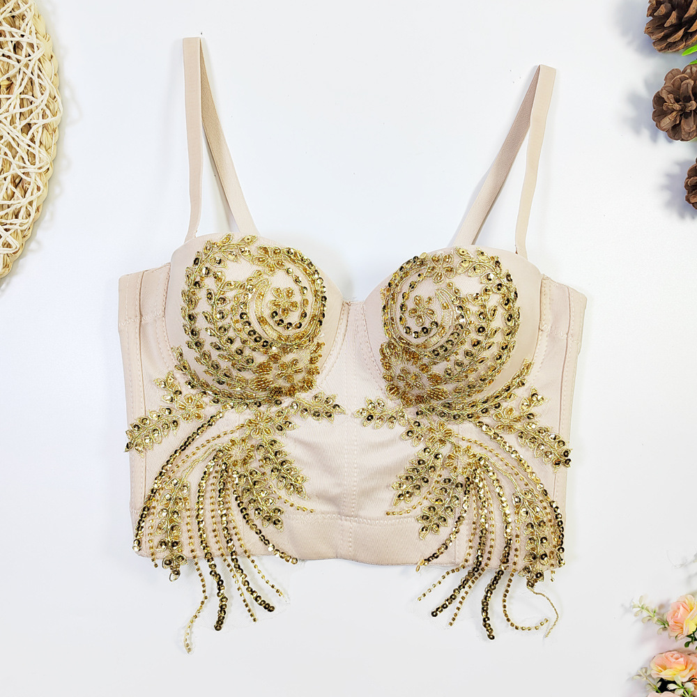 法式定型文胸可拆卸双肩带马甲式胸衣外穿刺绣鱼尾钉珠吊带女上衣