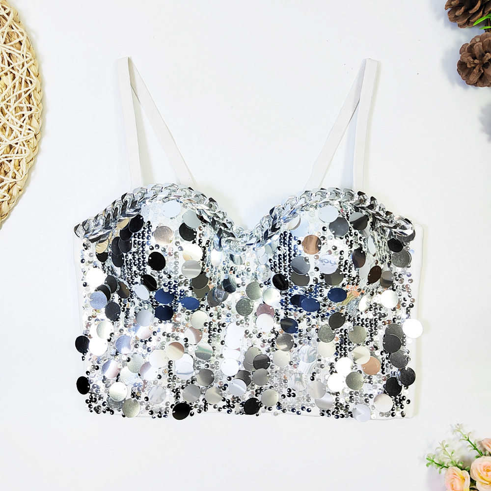 鱼鳞片抹胸上衣感外穿美背内衣一体式固定杯夜店辣妹鱼骨胸衣