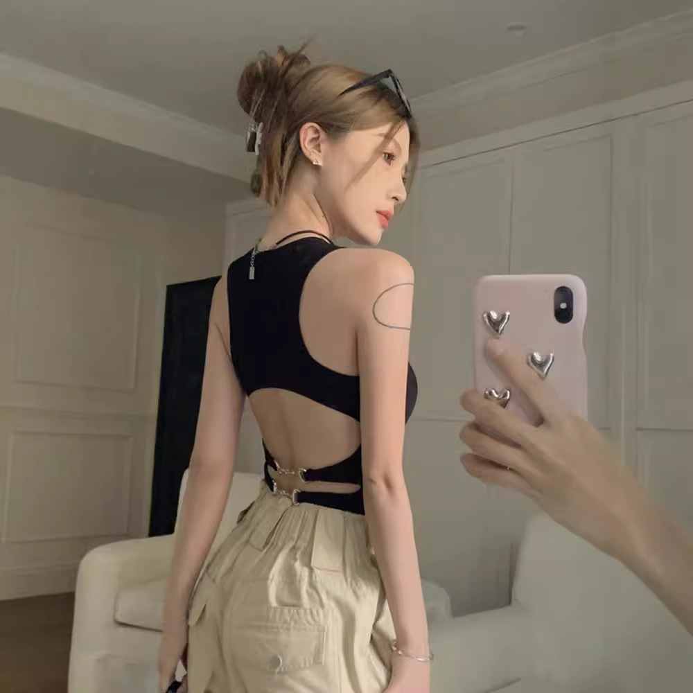 黑色带胸垫工字吊带背心女夏季外穿内搭露背美背无袖甜酷辣妹上衣