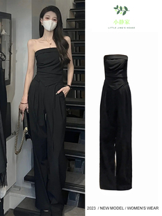 气质高级黑色抹胸西装阔腿裤套装女2025夏季一字领上衣长裤两件套