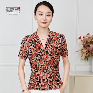 上衣 针织衫 香沐兰中老年妈妈装 收腰显瘦V领设计感套头T恤舒适大码