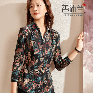 香沐兰2025中老年女弹力衬衣妈妈春装新款印花洋气长袖衬衫