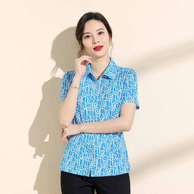 香沐兰简约亮色短袖翻领衬衫女夏修身显瘦蓝色洋气上衣