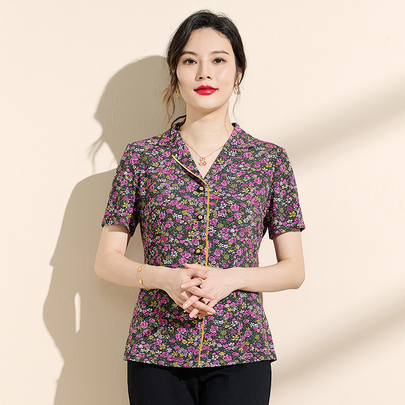 香沐兰气质碎花西装领短袖衬衫女翻领纽扣洋气显瘦百搭妈妈装上衣