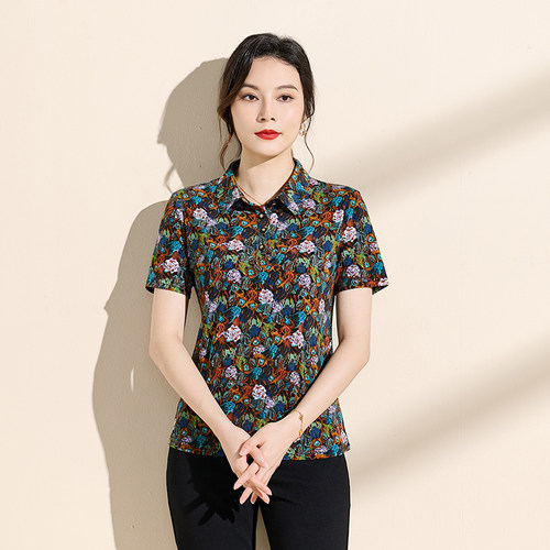 香沐兰气质碎花衬衫女短袖翻领收腰显瘦洋气上衣轻奢女装衬衣