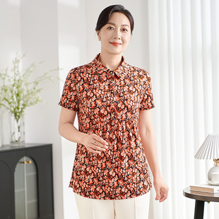 针织大码 香沐兰中老年妈妈装 翻领印花T恤女短袖 新款 上衣 2025夏季