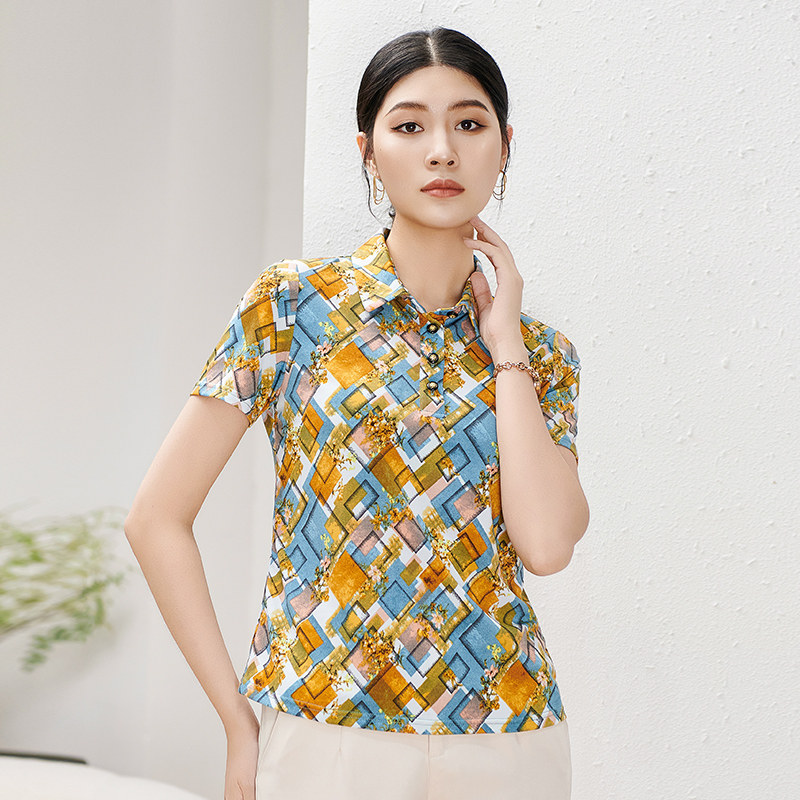 香沐兰品牌2026洋气新款女士减龄衬衫妈妈气质短袖印花小衫上衣