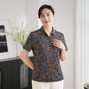 香沐兰中老年妈妈装2026年夏季新款碎花衬衫女短袖针织上衣休闲薄
