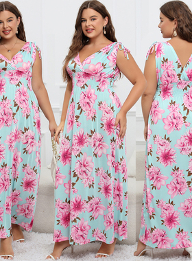 summer plus size long dress 大码吊带印花胖MM加肥夏季冰丝长裙