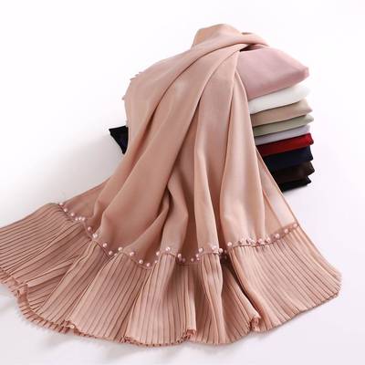 Pearl chiffon pleated pearl scarf 珍珠雪纺褶皱钉珠围巾纱巾