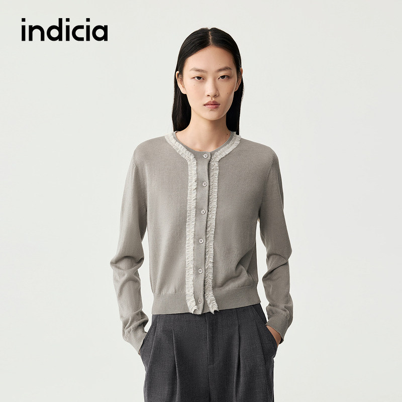 indicia标记商场同款春秋款女装针织衫女花边圆领开衫F2C5KS313C