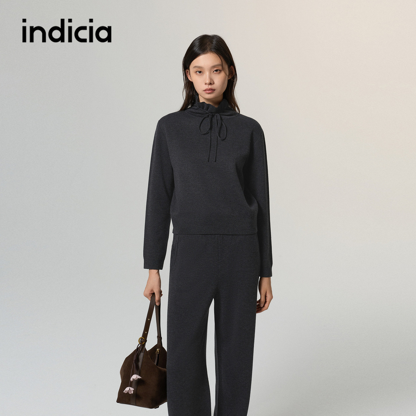 indicia标记商场同款两件套灰色针织衫裤子套装2026冬季新款女装