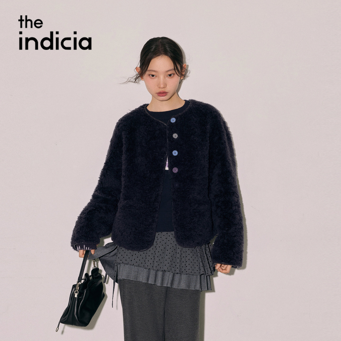indicia标记商场同款羊毛短款皮草毛呢外套藏青2026冬季新款女装