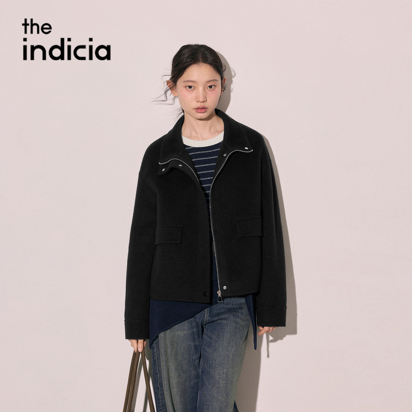 indicia标记黑色羊毛大衣短款毛呢外套2026冬季女装L2D6DY303Z